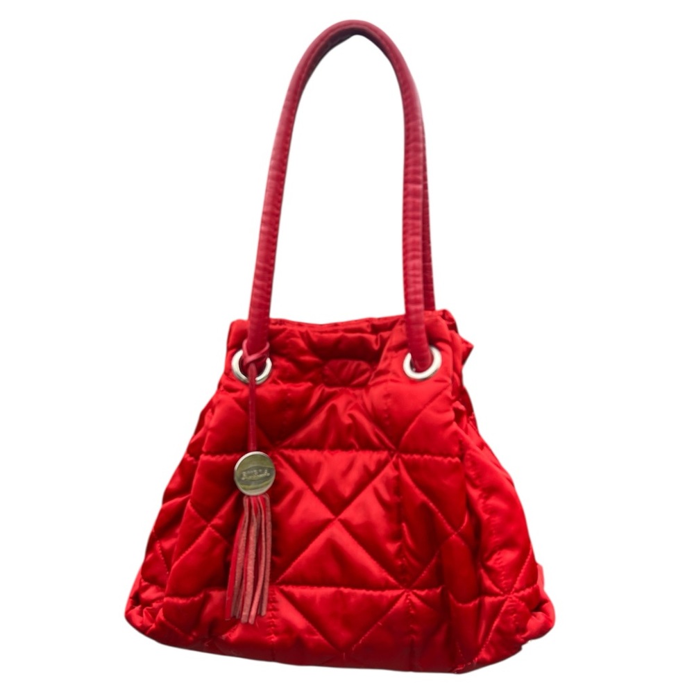 Furla Women’s Red Geometric Quilted Puffer Cocktail Shoulder Bag with Logo Charm